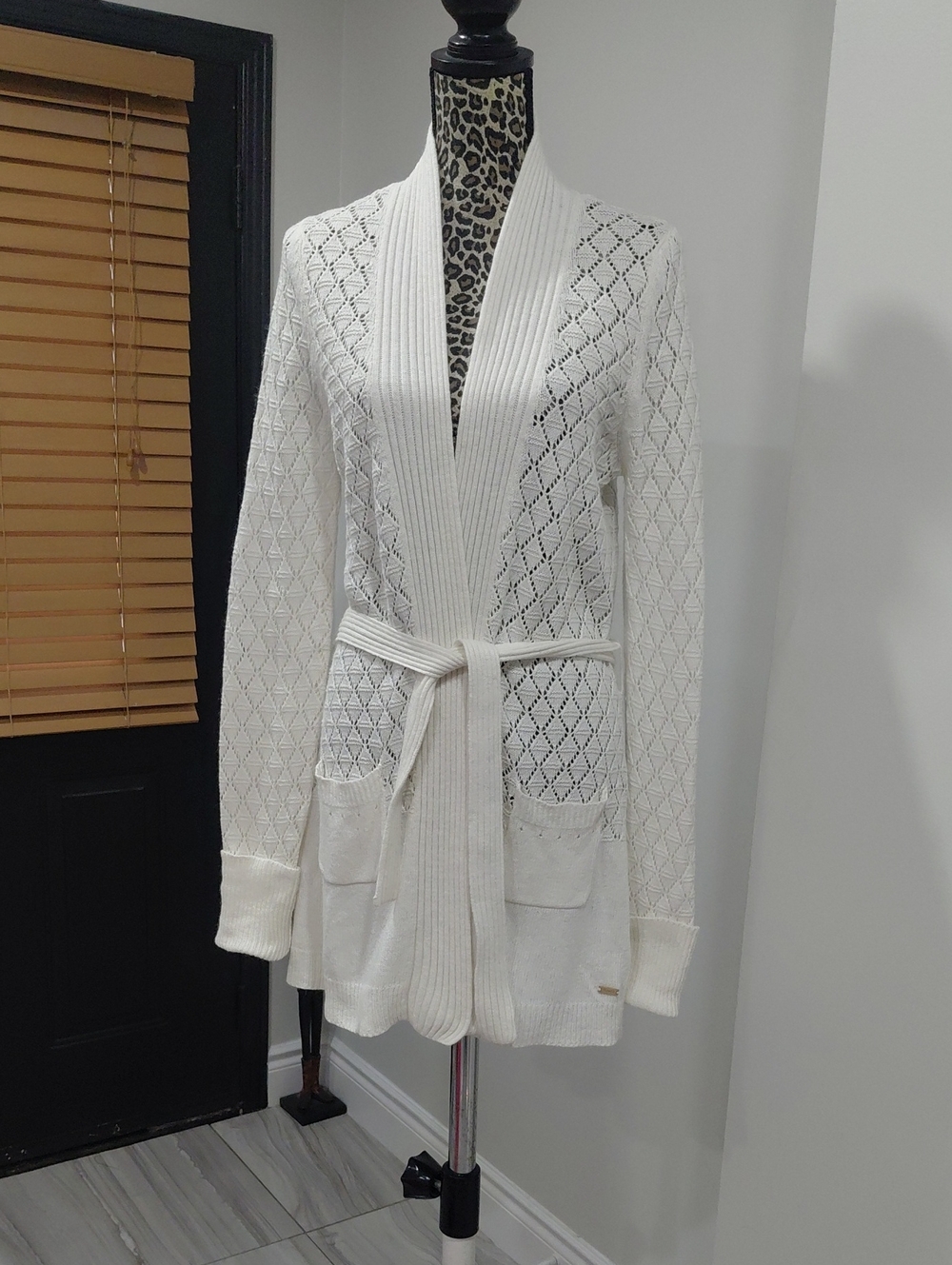 Roots White Open-Knit Belted Cardigan